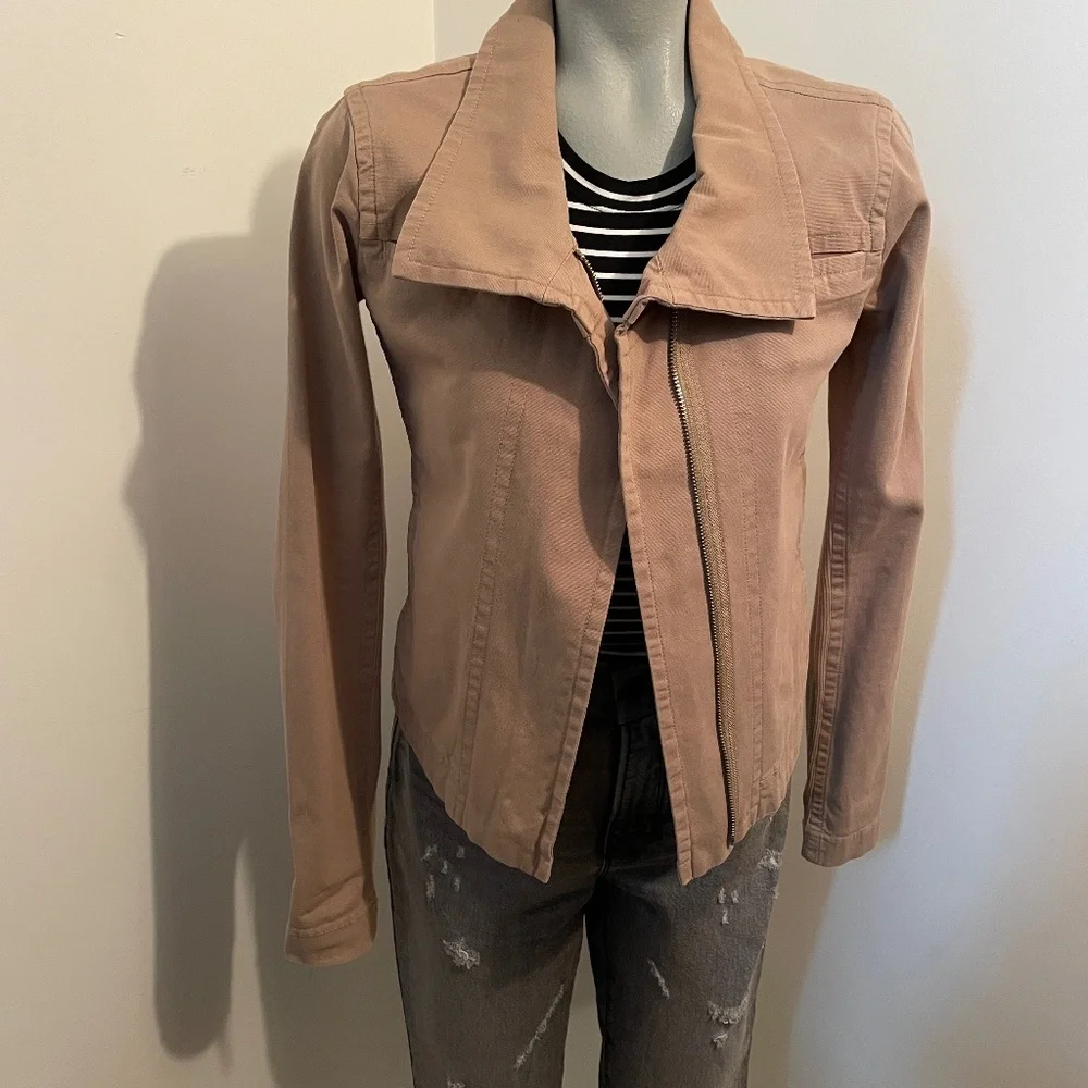 James Perse jacket long sleeve moto jacket cotton blend tan khaki womens small - Picture 1 of 7